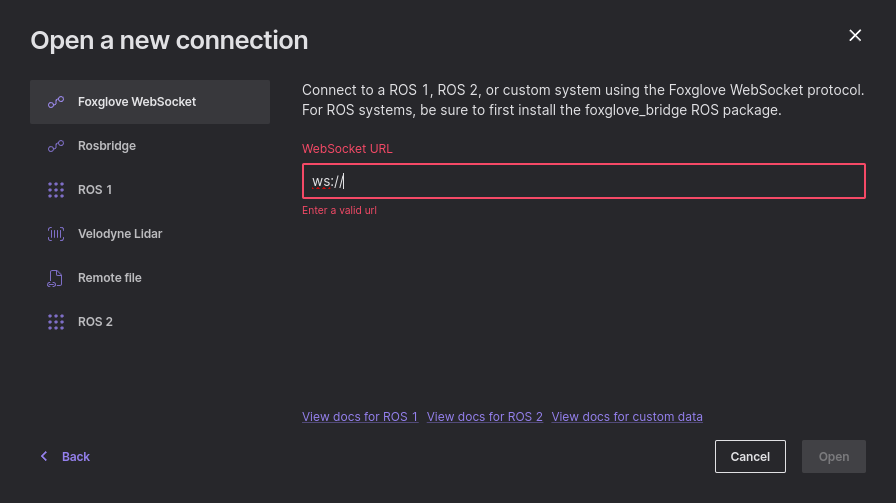 Connecting foxglove-studio to the correct foxglove_bridge websocket's ip address and port.